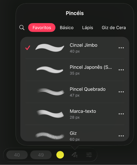 O navegador de pincéis dentro do painel Pintar mostrando as categorias de pincéis e os traços disponíveis na categoria selecionada no momento.