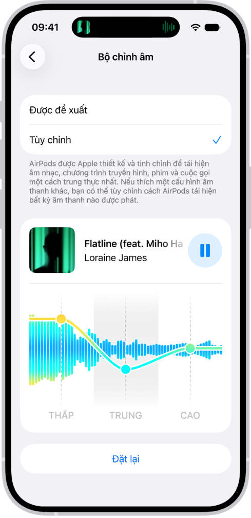 Màn hình iPhone đang hiển thị Bộ chỉnh âm được đặt thành Tùy chỉnh, với các thanh trượt Thấp, Trung bình và Cao ở bên dưới.