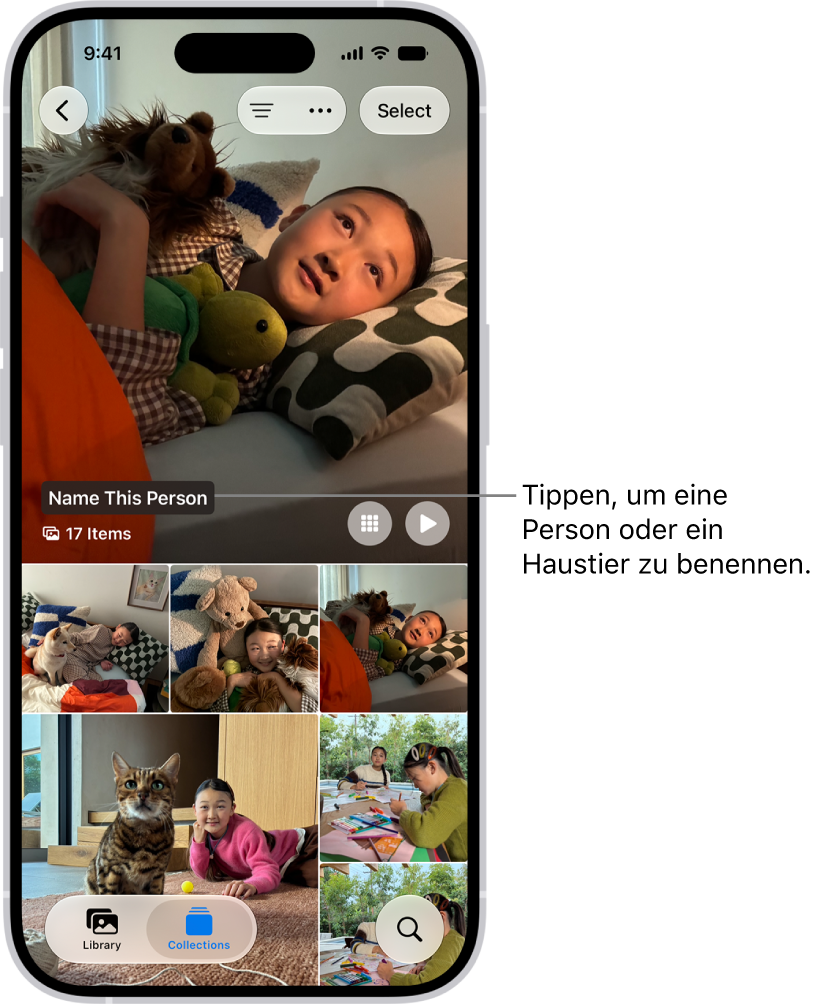 Die Sammlung „Personen&nbsp;& Haustiere“ in der App „Fotos“. Gruppen erscheinen oben und Personen und Haustiere werden darunter aufgeführt.