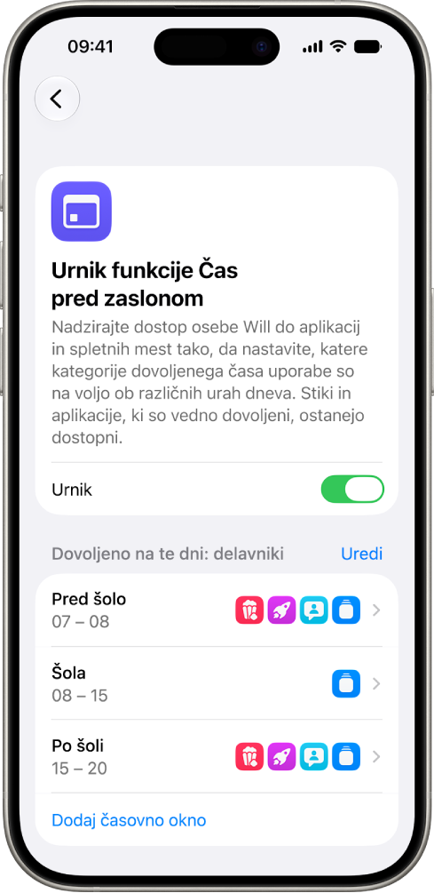 Zaslon Urnik funkcije Čas pred zaslonom v nastavitvah funkcije Čas pred zaslonom prikazuje urnik za delavnike s časovnimi okni za Pred šolo, Šolo in Po šoli.