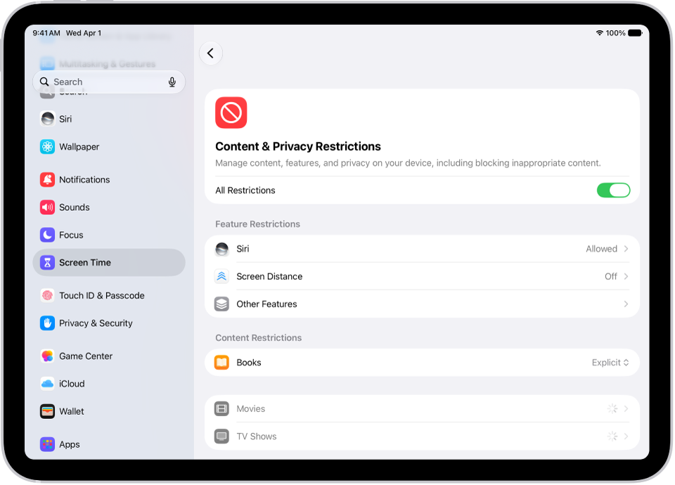 The Content and Privacy Restrictions screen in Screen Time, showing different Feature and Content Restrictions.