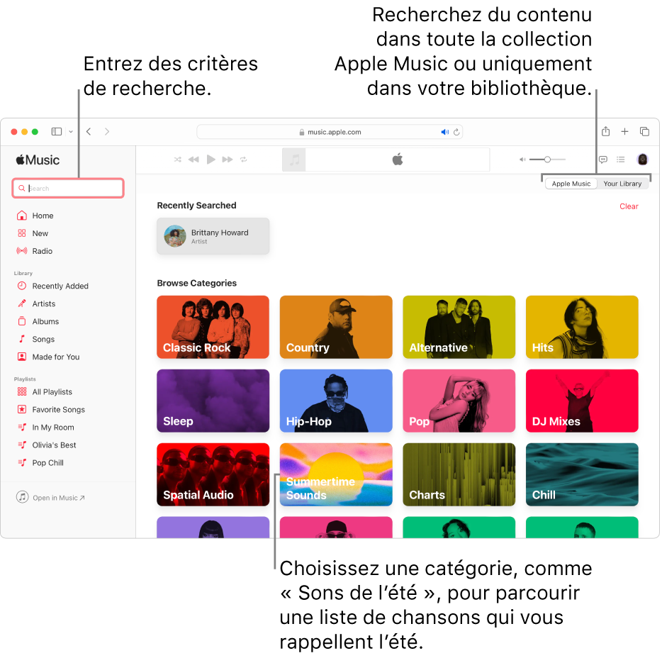 La fenêtre Apple Music, avec le champ de recherche en haut à gauche de la fenêtre, la liste de catégories au centre de la fenêtre et « Apple Music » ou « Votre bibliothèque » disponibles en haut à droite de la fenêtre. Entrez des critères de recherche dans le champ de recherche, puis choisissez d’effectuer la recherche dans tout Apple Music ou seulement dans votre bibliothèque. Vous pouvez également, si vous le voulez, choisir une catégorie, telle que Sons de l’été, pour parcourir une liste de chansons qui évoquent l’été.