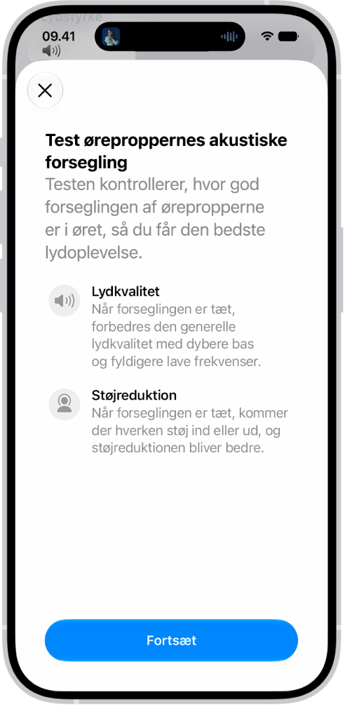 En iPhone-skærm viser en test, der måler den akustiske forsegling af AirPods Pro 3.