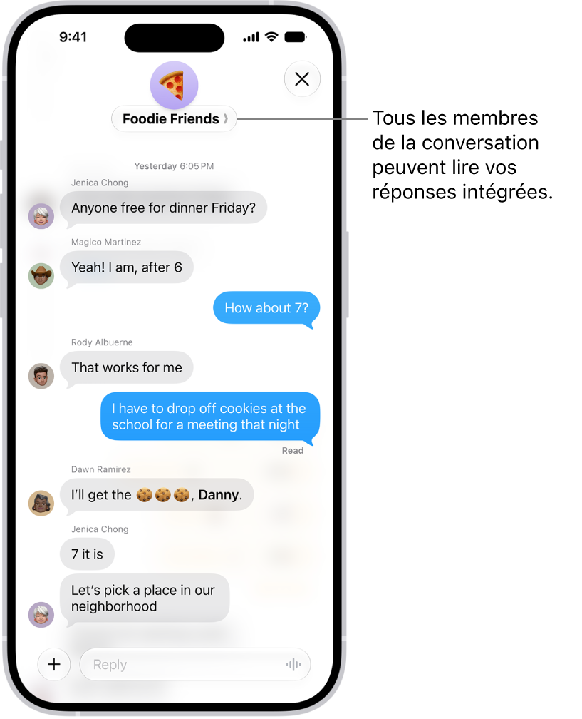 Rédaction d’une réponse ciblée dans une conversation de groupe dans Messages. Une autre personne est mentionnée dans la conversation et son nom s’affiche en gras.