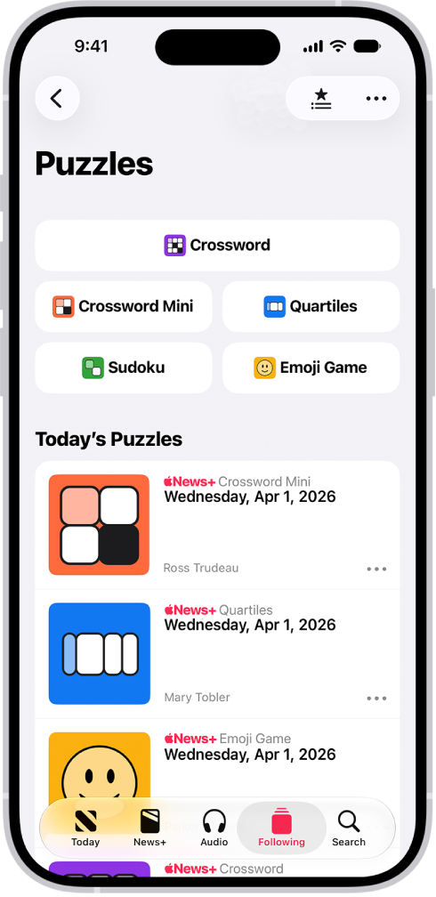 The Puzzles feed in the News app.