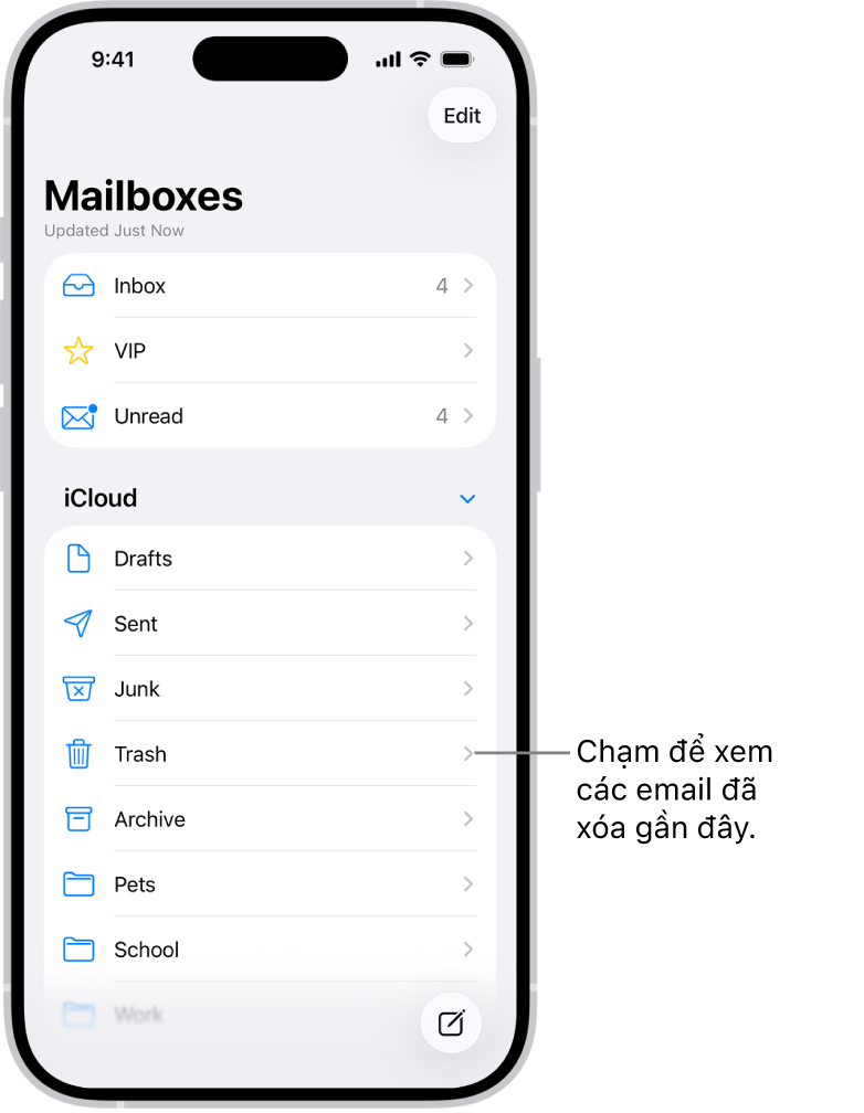 Màn hình Hộp thư. Bên dưới iCloud, các hộp thư được liệt kê từ trên xuống dưới, bao gồm hộp thư Thùng rác. Chạm vào đó để xem các thư đã xóa gần đây.