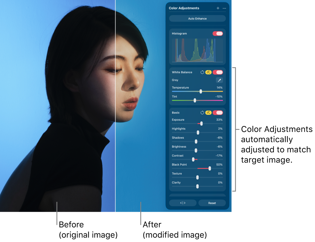Split-view comparison of a photo in the canvas with and without the Match Color adjustment applied.