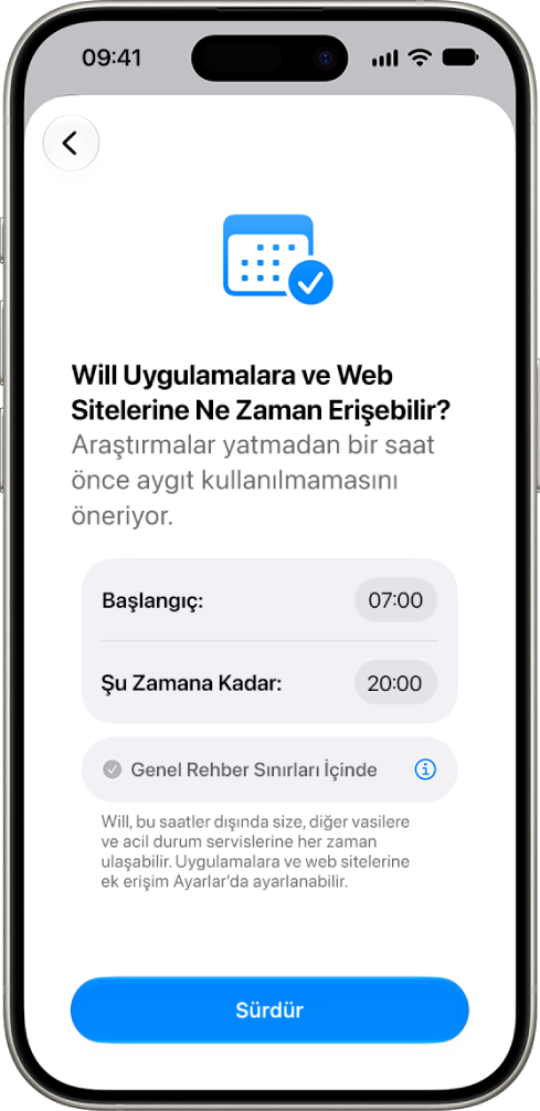 Çocuğun aygıtına erişebileceği saatleri gösteren ebeveyn denetimleri ayarlama ekranı.