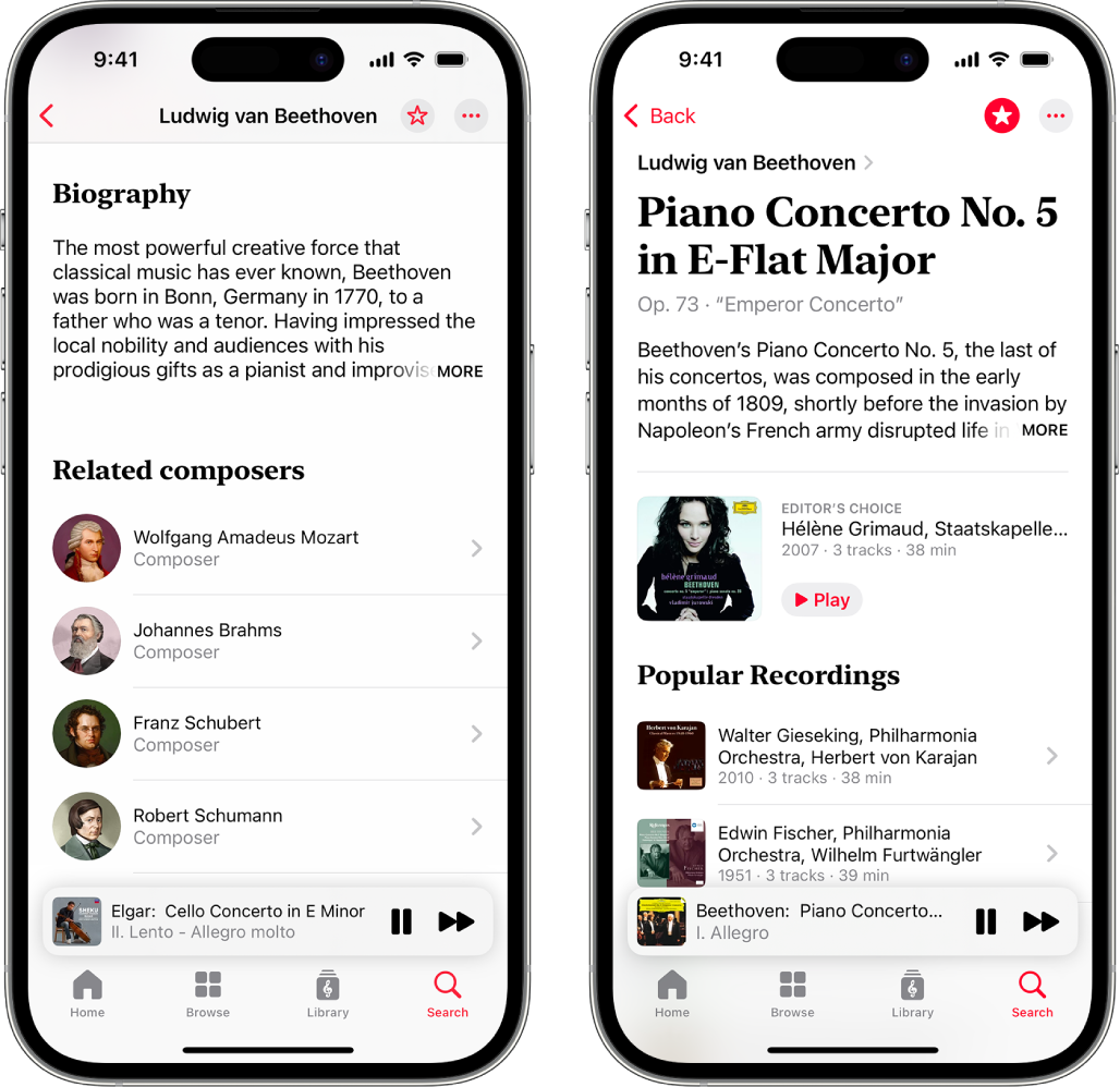 Hai thiết bị iPhone đang hiển thị nhiều thông tin khác nhau về nhạc cổ điển. Thiết bị thứ nhất hiển thị tiểu sử của một nhà soạn nhạc ở đầu màn hình. Thiết bị thứ hai hiển thị mô tả tác phẩm ở ngay bên dưới tên tác phẩm.