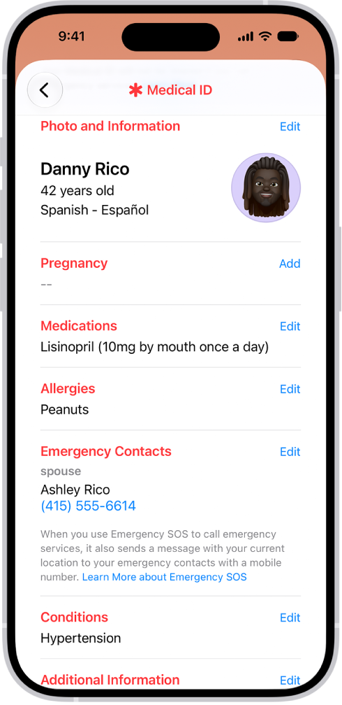 Ecranul unui ID medical cu informații despre data nașterii, medicații, alergii, contacte pentru urgențe și afecțiuni medicale.