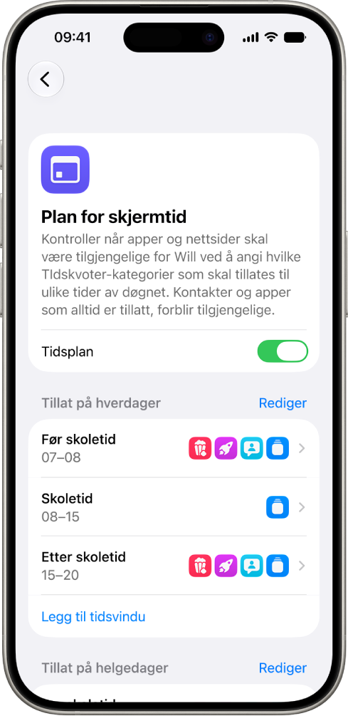 Plan for skjermtid-skjermen i Skjermtid-innstillingene viser en tidsplan for hverdager med tidsvinduer for Før skoletid, Skoletid og Etter skoletid.