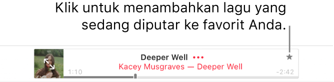 Bagian atas Apple Music dengan lagu diputar. Klik tombol Favorit di sebelah kanan judul lagu untuk menandai lagu yang sedang diputar sebagai favorit.