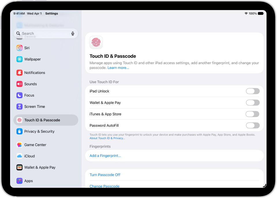 Écran affichant les réglages de Touch&nbsp;ID et code, avec des options permettant d’ajouter une empreinte et d’activer le code.