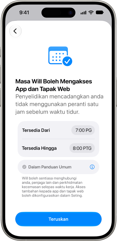 Skrin persediaan kawalan ibu bapa menunjukkan waktu anak boleh mengakses peranti mereka.
