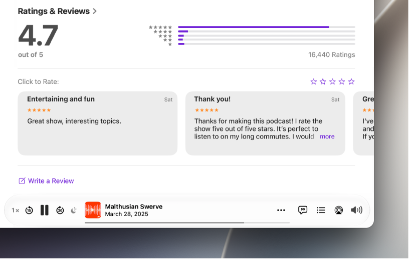 The Ratings & Reviews section for a show in the Podcasts app, showing the star selection area for rating a review and the Write a Review option.