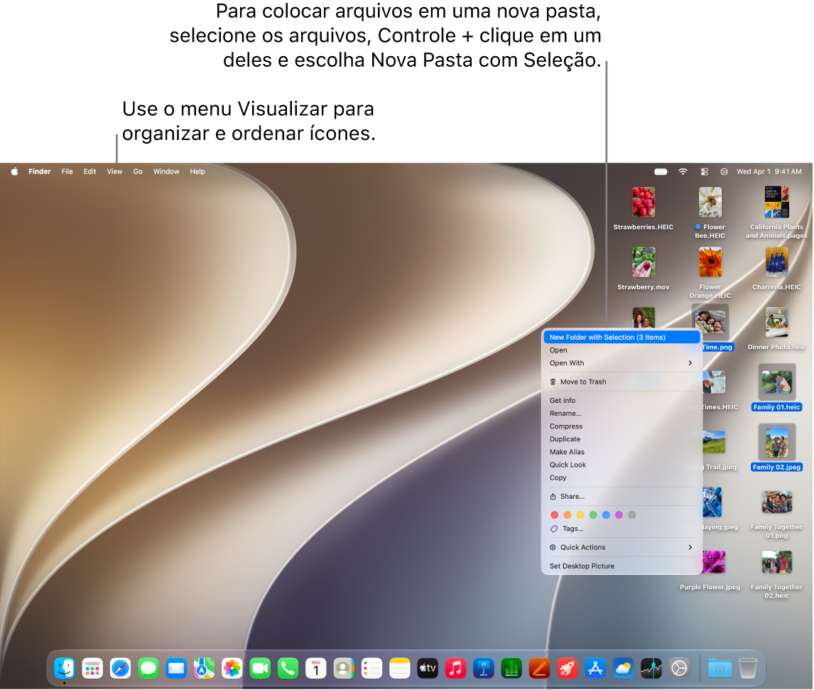 A mesa do Mac mostra a imagem de fundo, a barra de menus na parte superior e o Dock na