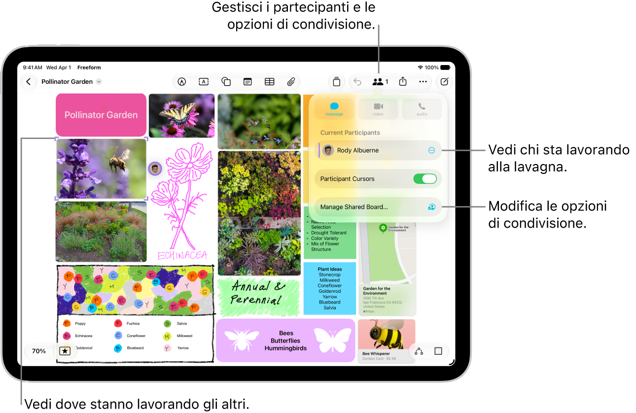 Una lavagna Freeform condivisa su iPad con il menu Collaborazione aperto e la posizione degli altri partecipanti sulla lavagna contrassegnata con contrassegni colorati.