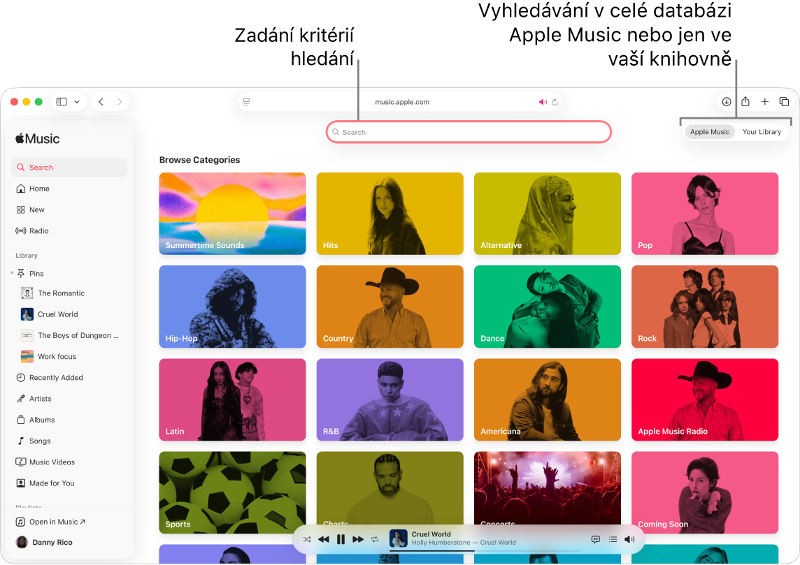 Okno Apple Music s&nbsp;polem hledání u&nbsp;horního okraje, seznamem kategorií uprostřed okna a&nbsp;tlačítky Apple Music a&nbsp;Vaše knihovna v&nbsp;pravém horním rohu.