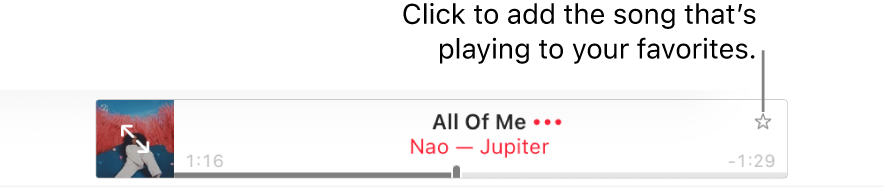 The top of Apple Music with a song playing. Click the Favorites button to the right of the song title to mark the song that’s playing as a favorite.