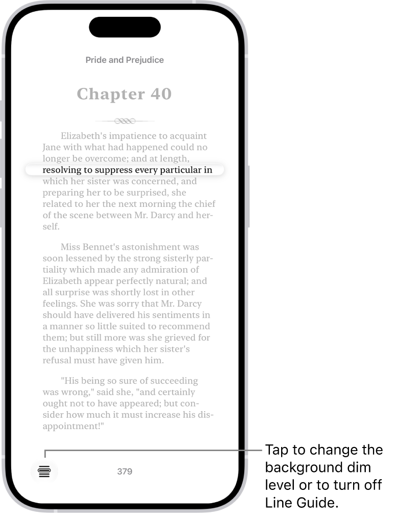 A page of a book in the Books app. A single line of text is highlighted and the rest of the text is dimmed. In the bottom-left corner of the screen is the Line Guide Menu button.