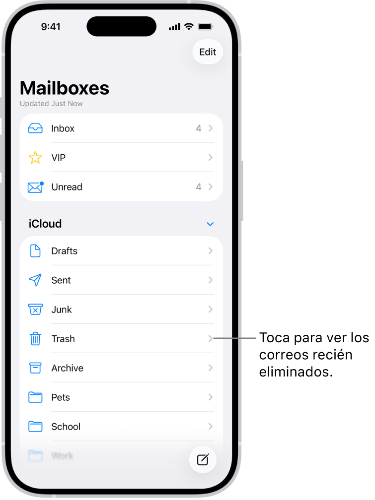 Pantalla de buzones. Debajo de iCloud, hay una lista de buzones con el buzón Papelera. Tócalo para ver los mensajes eliminados recientemente.