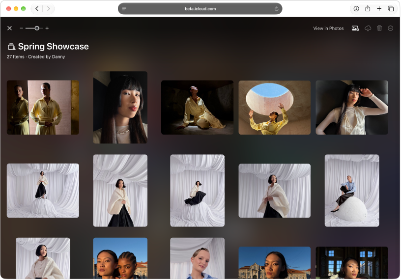 A shared album in Apple Invites on iCloud.com showing photos of people.