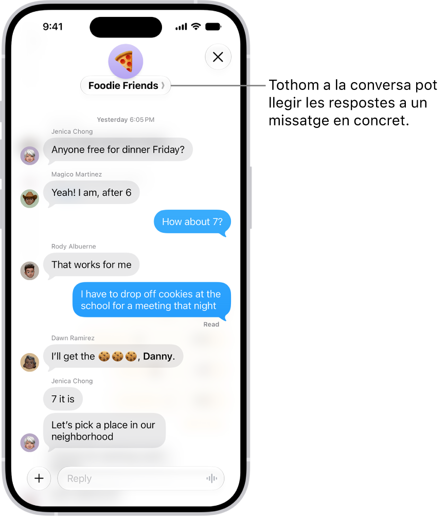 Redactant una resposta entre línies en una conversa de grup a l’app Missatges. Es menciona una altra persona a la conversa i el seu nom es mostra en negreta.
