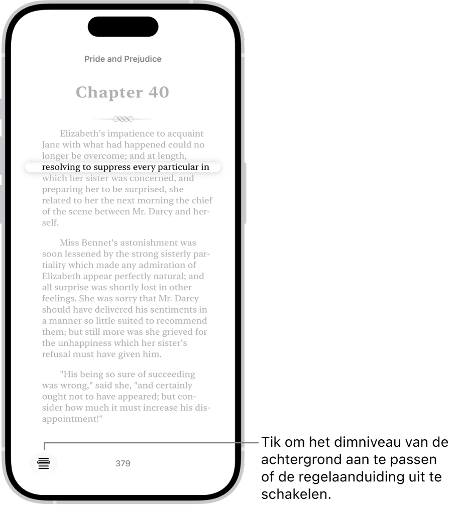 Een pagina van een boek in de Boeken-app. Eén regel tekst is uitgelicht en de rest van de tekst is gedimd. Linksonder in het scherm bevindt zich de knop met het regelaanduidingsmenu.