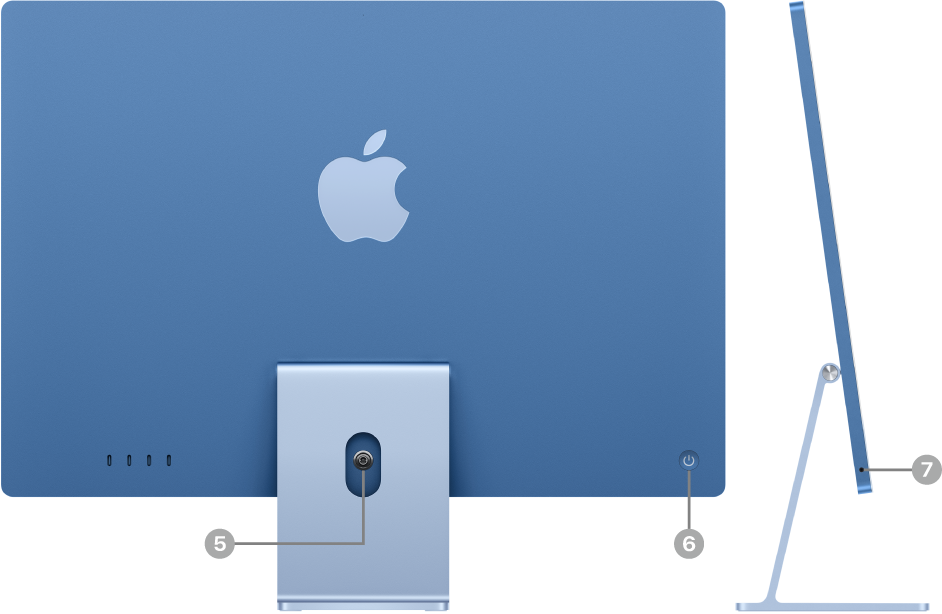 Back view of iMac showing the power connector and the power button. Next to it is a side view showing the headphone jack.