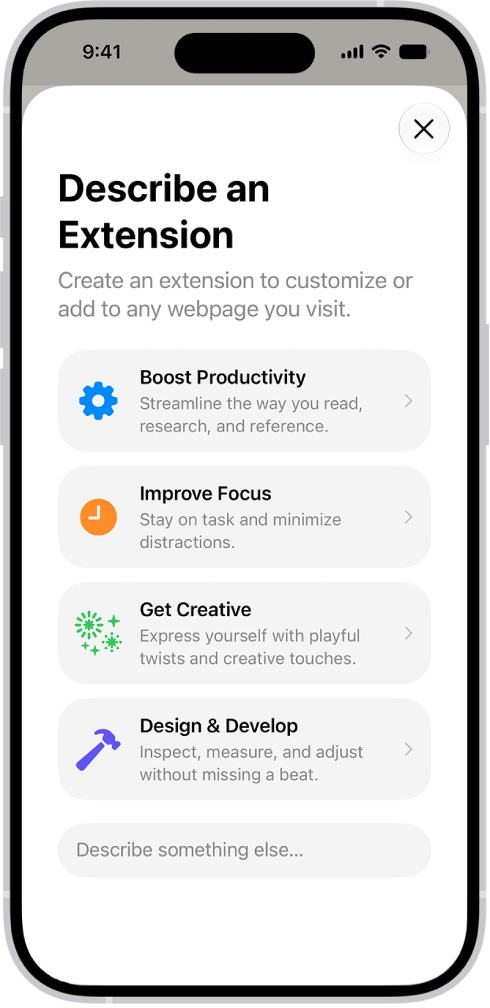 Safari window showing Describe an Extension options.