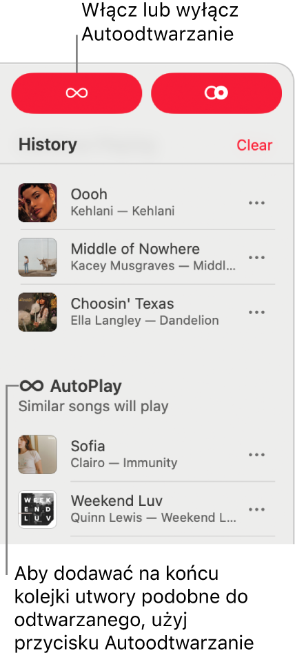 Historia jest widoczna w&nbsp;prawym górnym rogu okna Apple&nbsp;Music. Widoczna jest również sekcja AutoPlay.