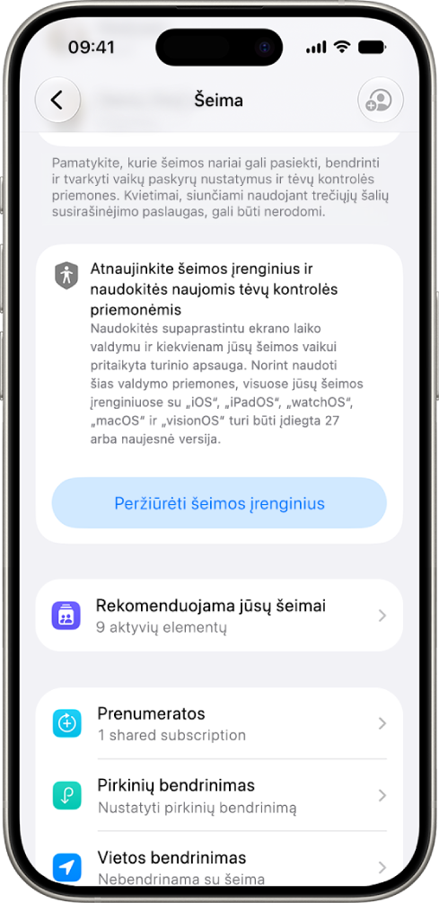 Mygtukas „Bendrinimo su šeima“ nustatymuose, rodantis parinktį „Peržiūrėti šeimos įrenginius, kuriuose reikia atnaujinti „iOS“, „iPadOS“, „macOS“, „watchOS“ ir „visionOS“ į 27 versiją.