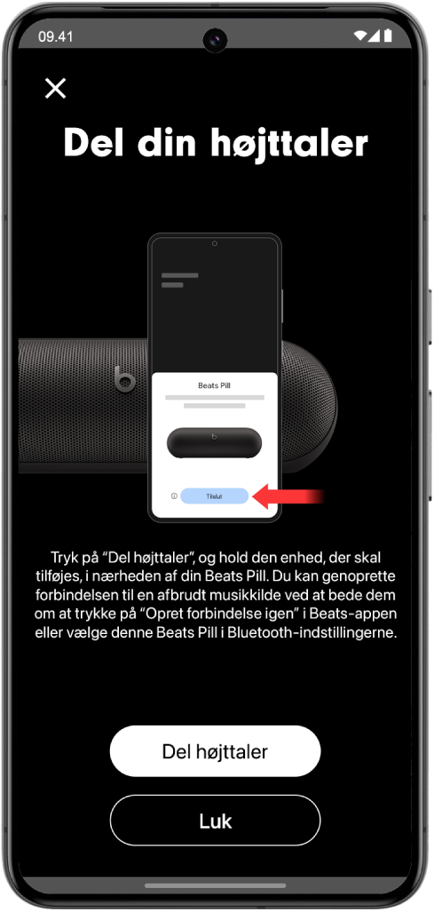 Skærmen Del din højttaler, der viser knapperne Del højttaler og Luk, i Beats-appen.