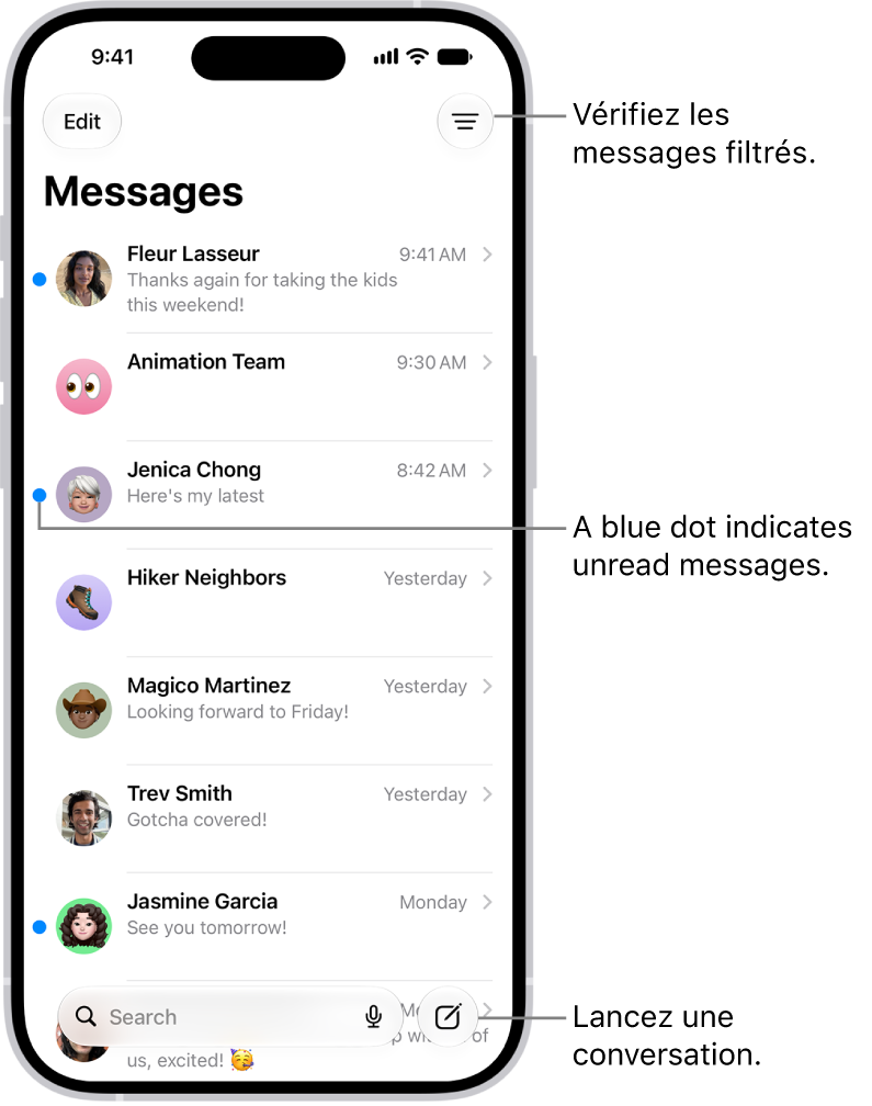 La liste des conversations de Messages, avec le bouton Rédiger en bas à droite. Le point bleu situé à gauche d’un message indique que ce dernier n’a pas été lu.
