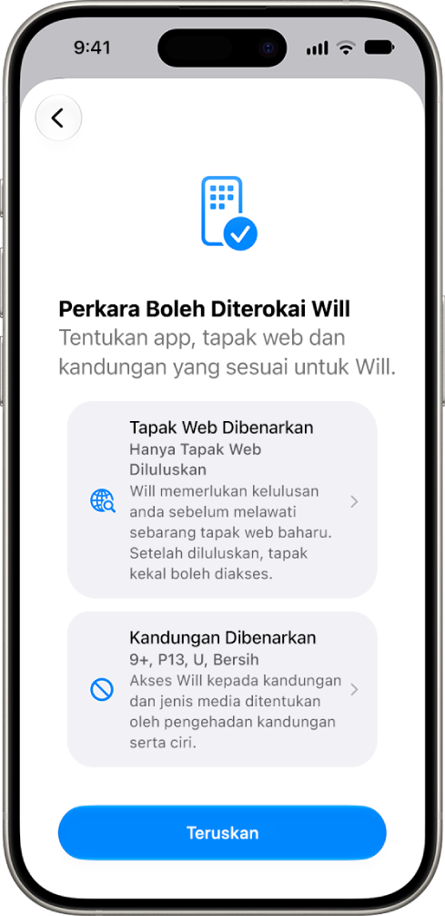 Skrin persediaan kawalan ibu bapa menunjukkan pilihan untuk jenis kandungan yang boleh diakses seperti app dan tapak web.