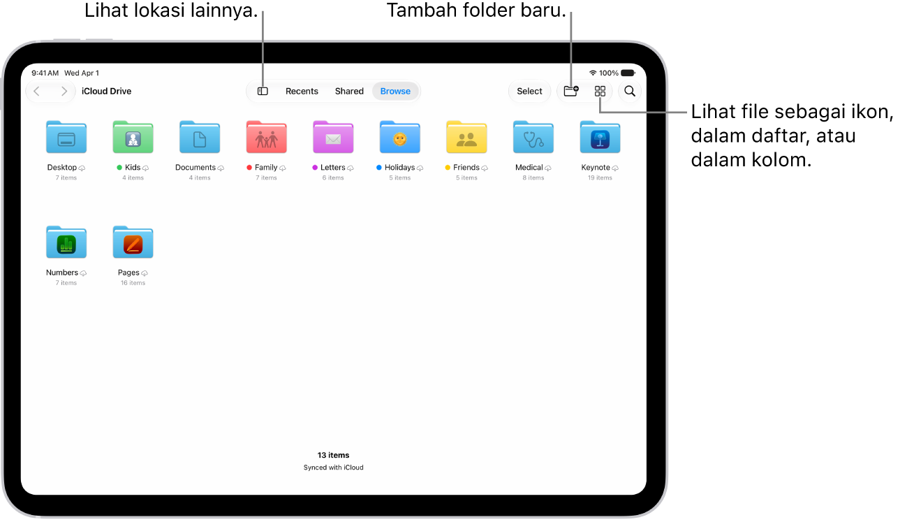 App File menampilkan beberapa folder dan lokasi bernama Unduhan, Surat, Keluarga, dan seterusnya. Di bagian bawah layar terdapat tombol untuk tab file Terbaru, file Bersama, dan Telusuri.
