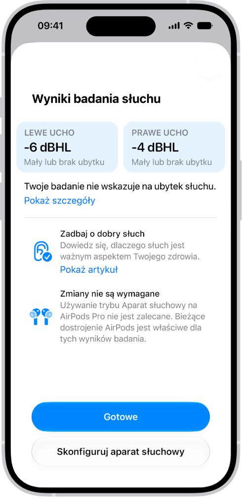 Wyniki badania słuchu na iPhonie pokazujące niewielki lub żaden ubytek słuchu w&nbsp;obu uszach. Na dole znajduje się przycisk Gotowe oraz przycisk umożliwiający skonfigurowanie funkcji Aparat słuchowy.