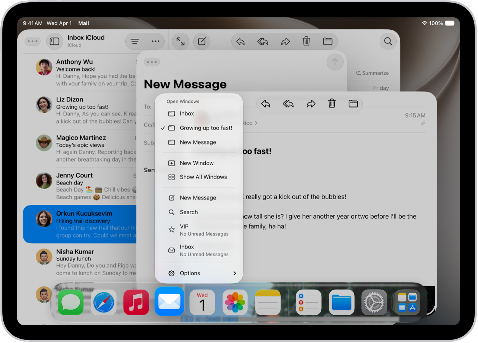 Ein iPad-Bildschirm mit geöffneten Fenstern für die App „Mail“ und dem App-Menü für die App in einem der Fenster.