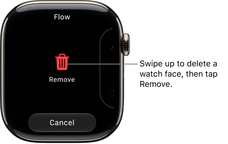 The Apple&nbsp;Watch screen showing Remove and Cancel buttons, which appear after you swipe to a watch face, then swipe up on it to delete it.