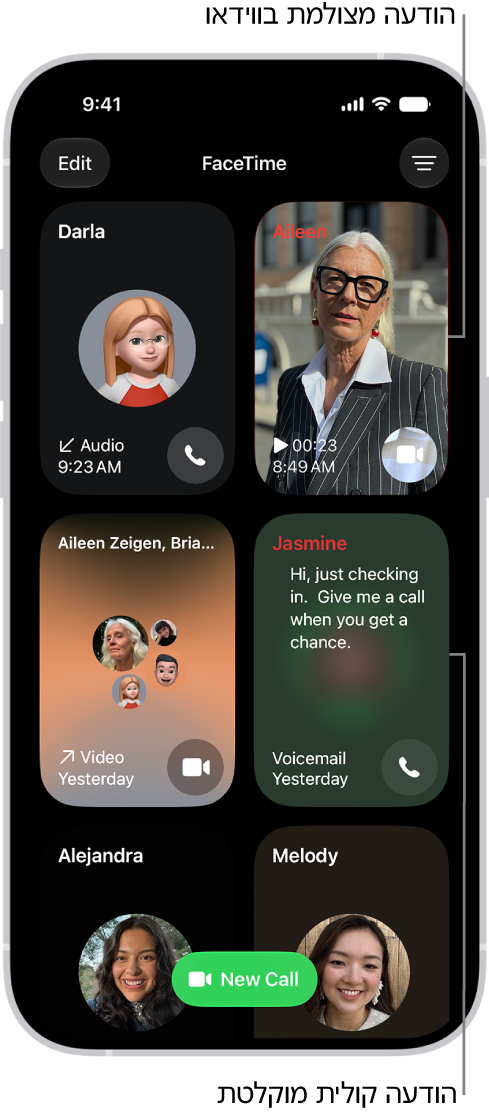 היסטוריית השיחות של FaceTime, מציגה הצעה לאיש קשר, הודעת וידאו מוקלטת, הודעה קולית ושיחת FaceTime קבוצתית בווידאו.
