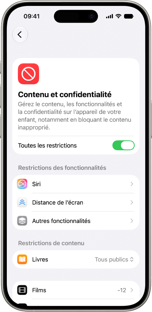 L’écran «&nbsp;Contenu et confidentialité&nbsp;» de Temps d’écran affichant les options de restrictions de contenu et de fonctionnalités.