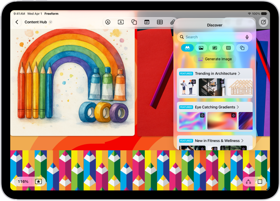 Un iPad avec l’app Freeform ouverte sur le centre de contenu d’Apple&nbsp;Creator&nbsp;Studio. Les images premium et générées sont placées sur le tableau.
