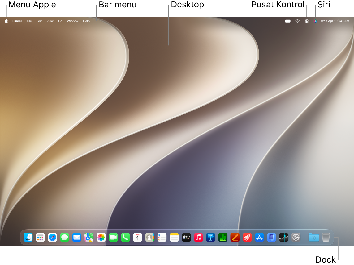 Desktop Mac dengan bar menu di bagian atas layar dan Dock di bagian bawah.
