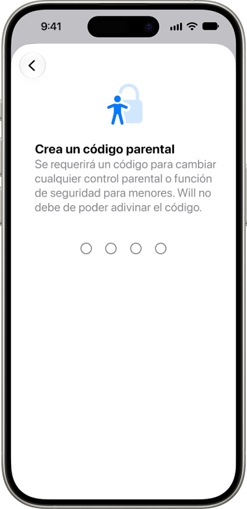 La pantalla de configuración de los controles parentales muestra la opción de crear un código de Tiempo en pantalla.