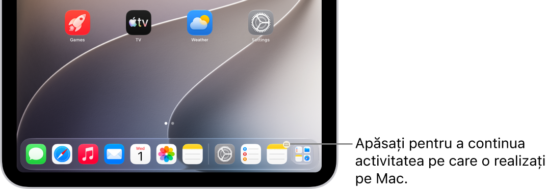 Pictograma Handoff vizibilă în Dock pe un iPad.