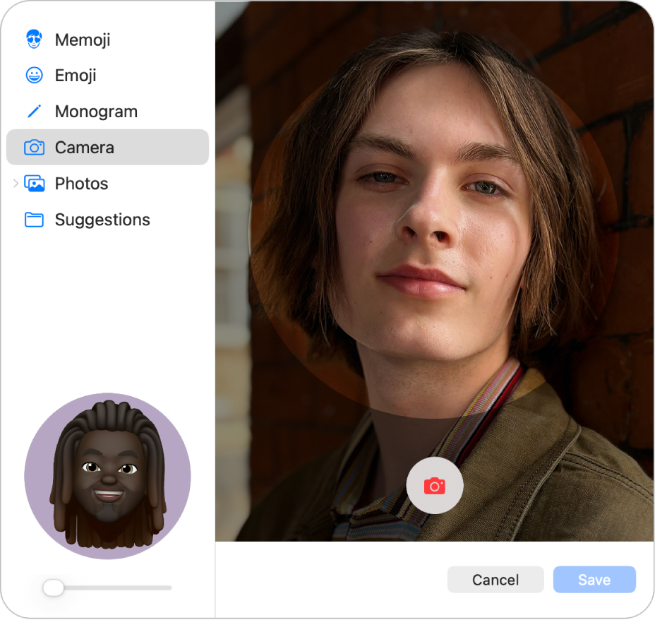 The Apple&nbsp;Account picture options with Camera selected in the sidebar and a person posed in the viewfinder.