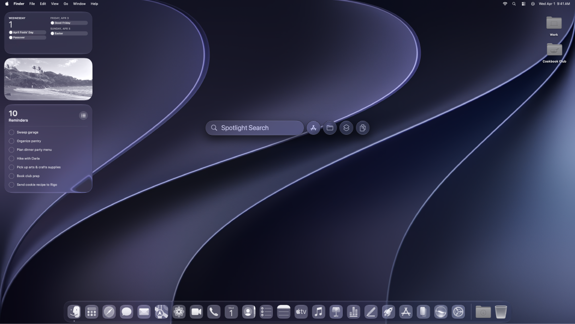A Mac desktop with custom icons, widgets, folders, and Spotlight search open.