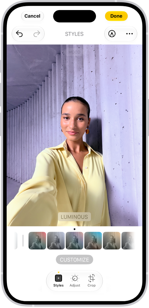 iPhone 上的“照片” App 中正在编辑一张照片。“风格”按钮和“耀目”已选中。