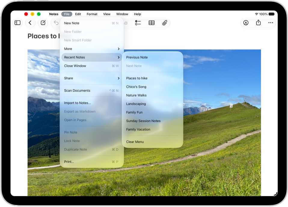 The Notes app open, with the menu bar showing at the top of the screen. The Edit menu on the menu bar is open, showing a list of actions you can perform—including Select All, Find, Duplicate, and so on.