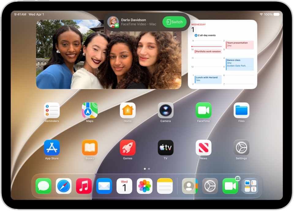 The iPad Home Screen showing a FaceTime video call notification from an iPhone at the top. Tap Switch to move the call to your iPad.
